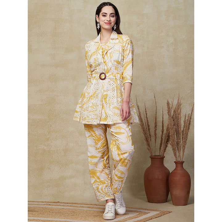 FASHOR Embroidered Top, Belt And Palazzo with Jacket - Yellow (Set of 4)