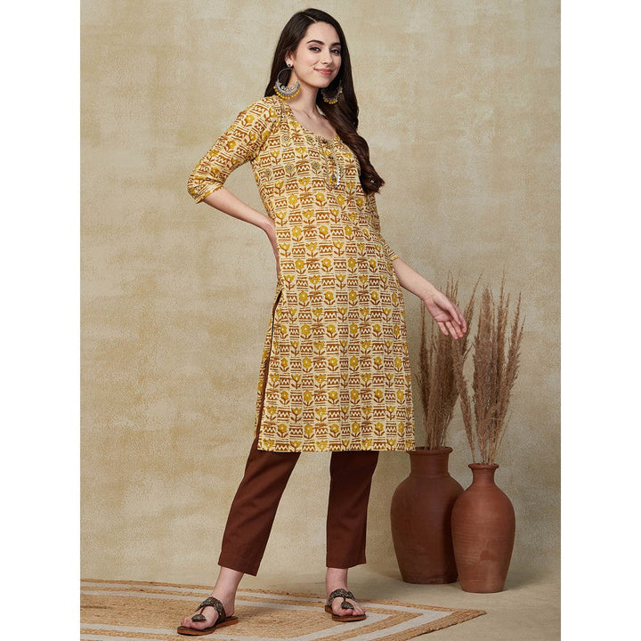 FASHOR Floral Printed & Zari Embroidered Kurta - Mustard