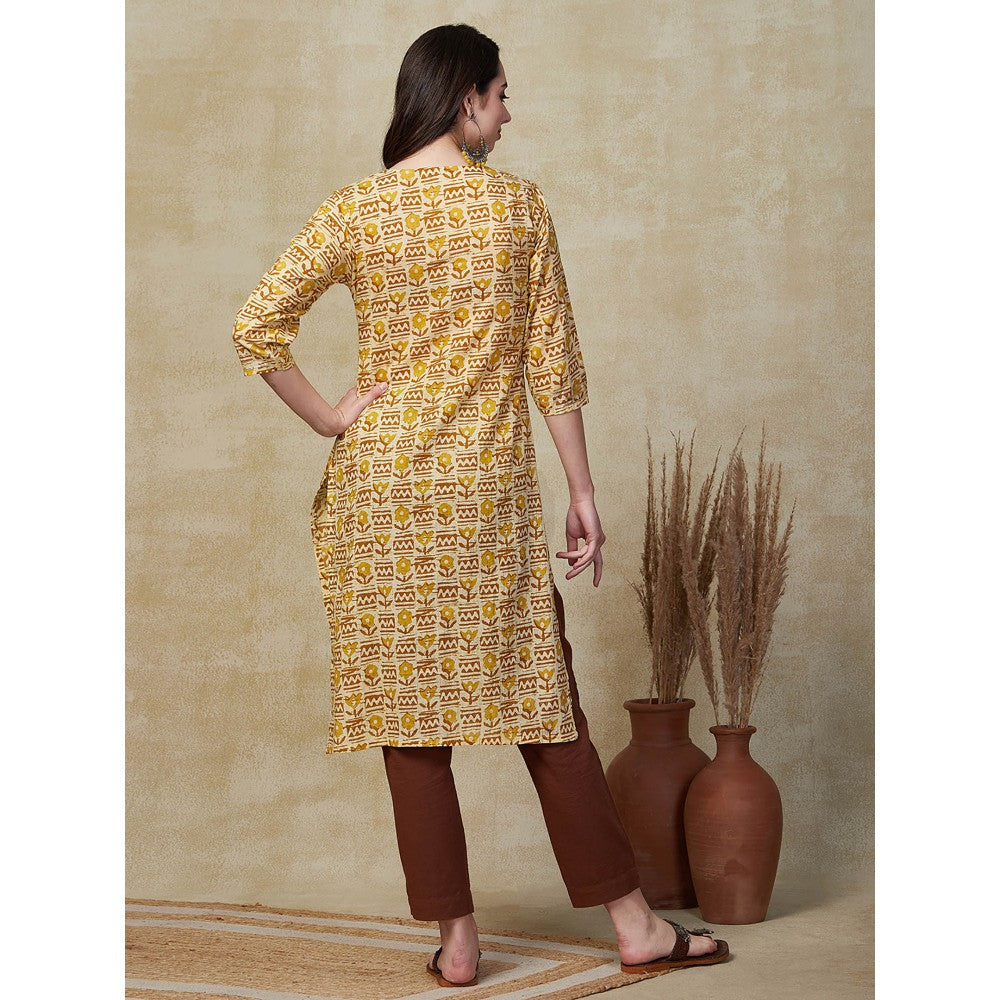 FASHOR Floral Printed & Zari Embroidered Kurta - Mustard