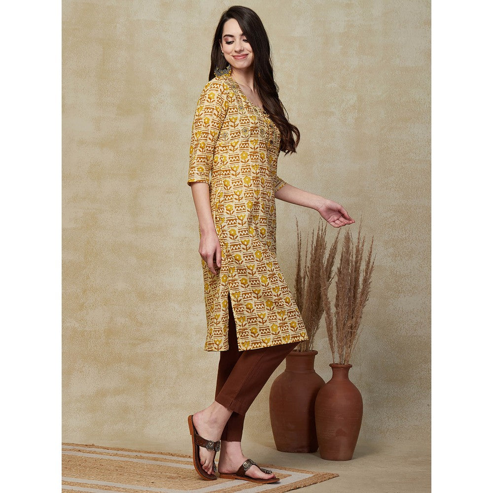 FASHOR Floral Printed & Zari Embroidered Kurta - Mustard