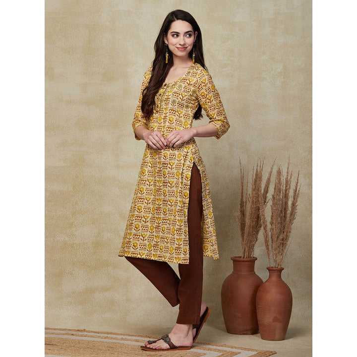 FASHOR Floral Printed & Zari Embroidered Kurta - Mustard