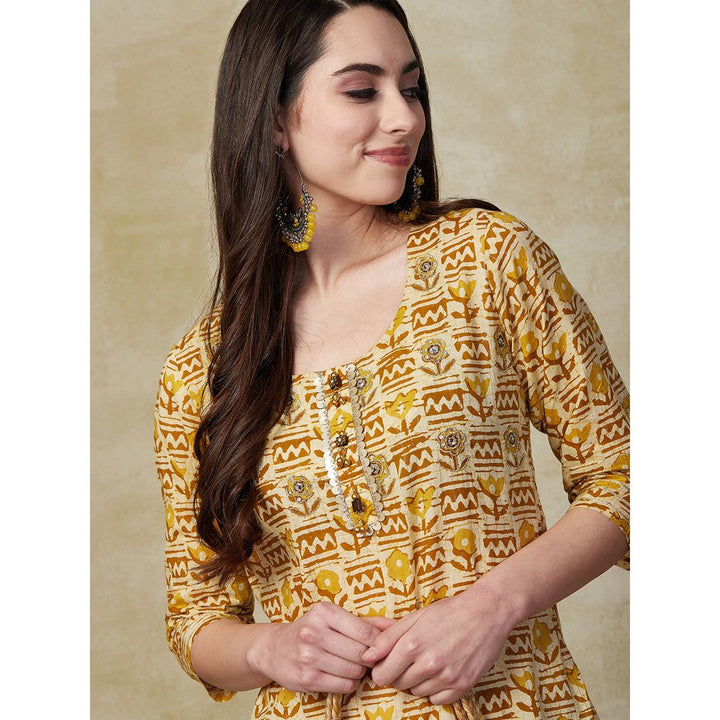 FASHOR Floral Printed & Zari Embroidered Kurta - Mustard