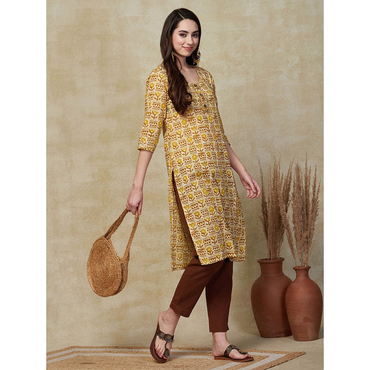 FASHOR Floral Printed & Zari Embroidered Kurta - Mustard