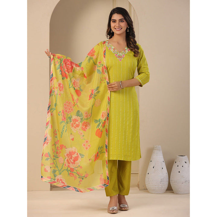 FASHOR Lime Green Embroidery Kurta with Pants & Dupatta (Set of 3)