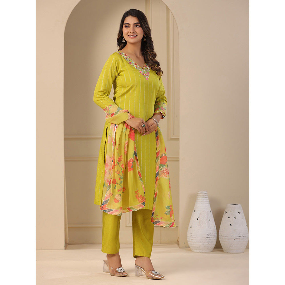 FASHOR Lime Green Embroidery Kurta with Pants & Dupatta (Set of 3)