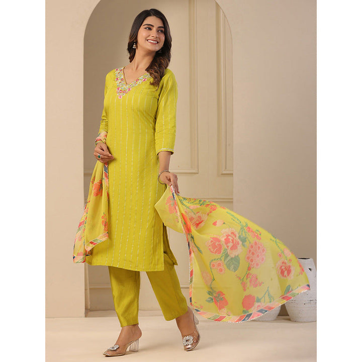 FASHOR Lime Green Embroidery Kurta with Pants & Dupatta (Set of 3)