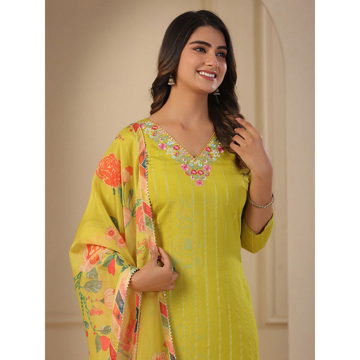 FASHOR Lime Green Embroidery Kurta with Pants & Dupatta (Set of 3)