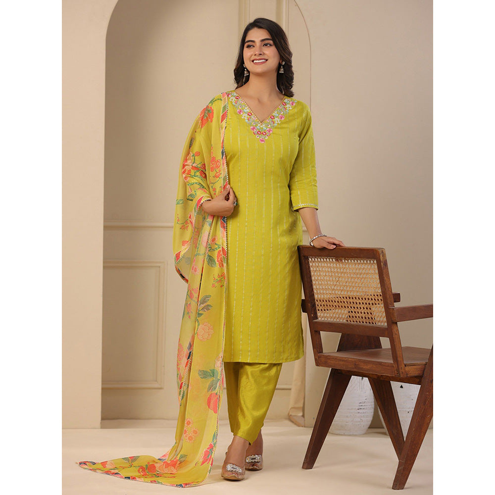 FASHOR Lime Green Embroidery Kurta with Pants & Dupatta (Set of 3)