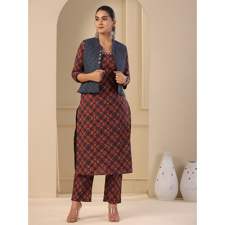 FASHOR Maroon Ajrakh Printed Kurta with Waist Coat & Pant (Set of 3)