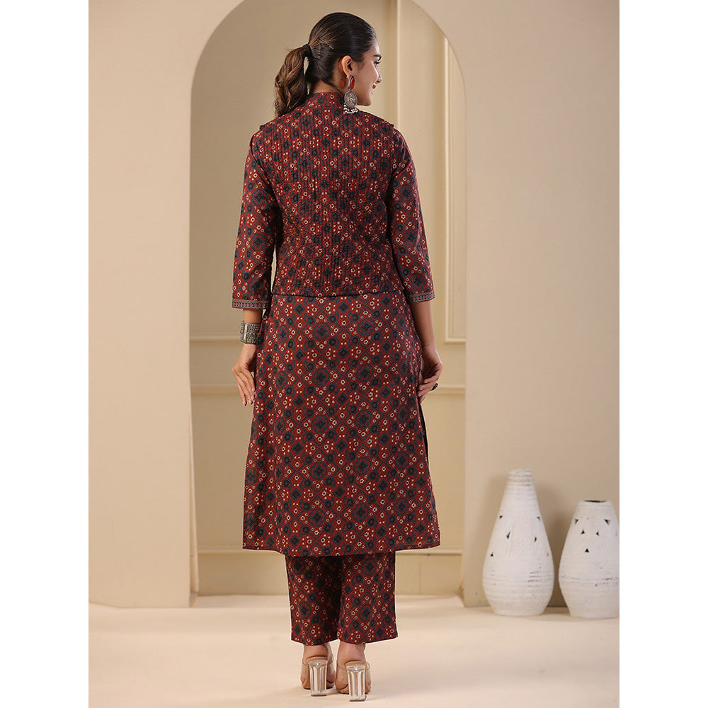 FASHOR Maroon Ajrakh Printed Kurta with Waist Coat & Pant (Set of 3)