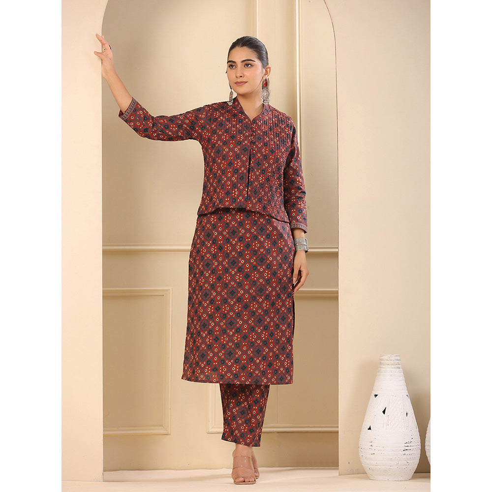 FASHOR Maroon Ajrakh Printed Kurta with Waist Coat & Pant (Set of 3)