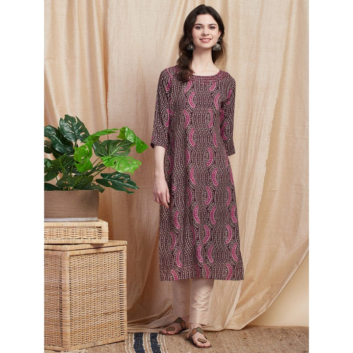 FASHOR Abstract Printed Resham Embroidered Kurta - Dark Mauve