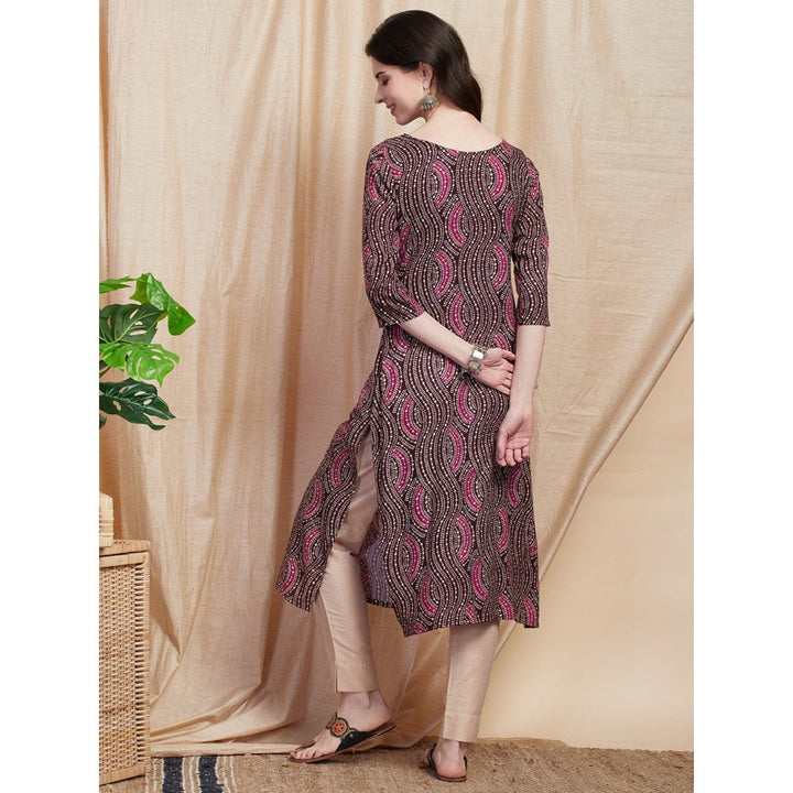 FASHOR Abstract Printed Resham Embroidered Kurta - Dark Mauve