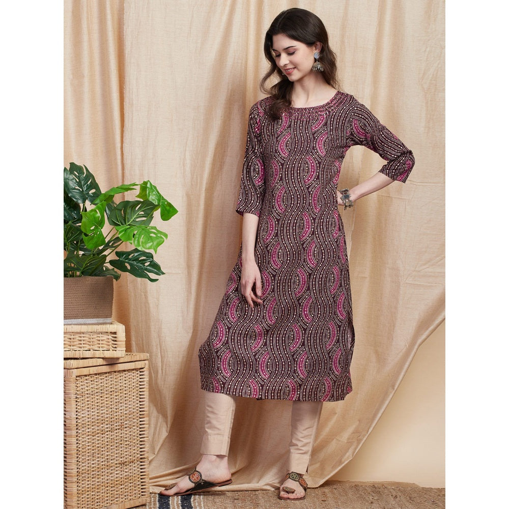 FASHOR Abstract Printed Resham Embroidered Kurta - Dark Mauve