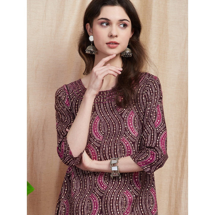 FASHOR Abstract Printed Resham Embroidered Kurta - Dark Mauve