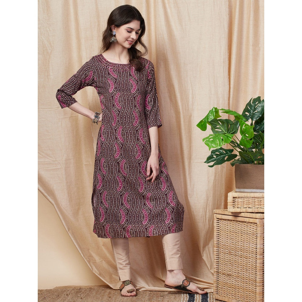 FASHOR Abstract Printed Resham Embroidered Kurta - Dark Mauve