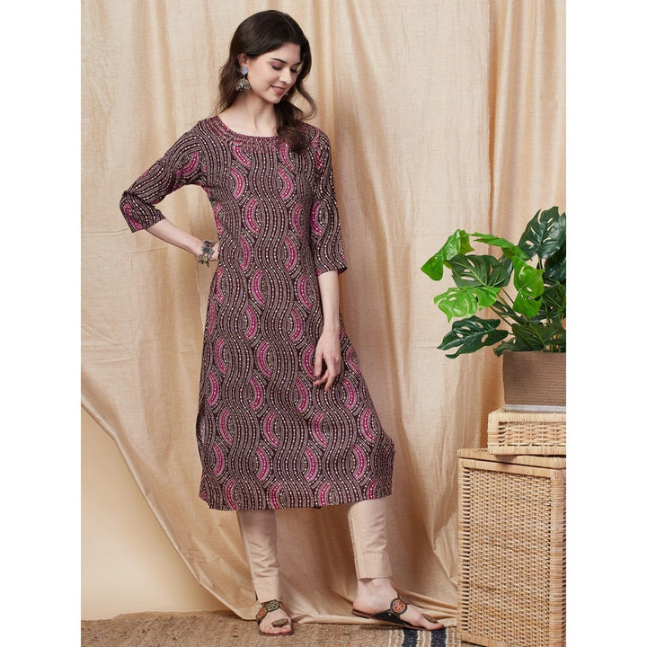 FASHOR Abstract Printed Resham Embroidered Kurta - Dark Mauve