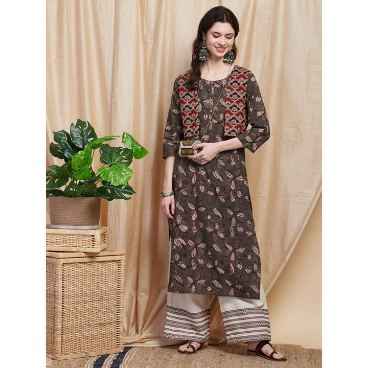 FASHOR Floral Printed Kurta with Ajrakh Printed Jacket - Grey (Set of 2)