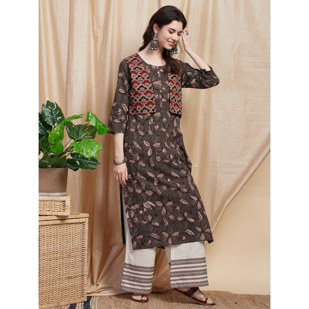 FASHOR Floral Printed Kurta with Ajrakh Printed Jacket - Grey (Set of 2)