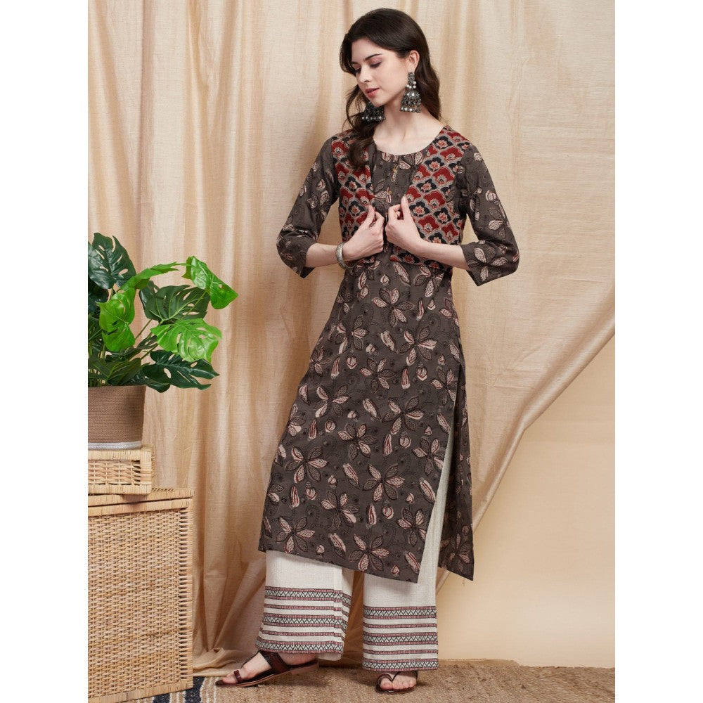 FASHOR Floral Printed Kurta with Ajrakh Printed Jacket - Grey (Set of 2)