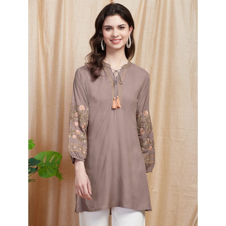 FASHOR Solid Resham Embroidered A-line Kurti - Taupe