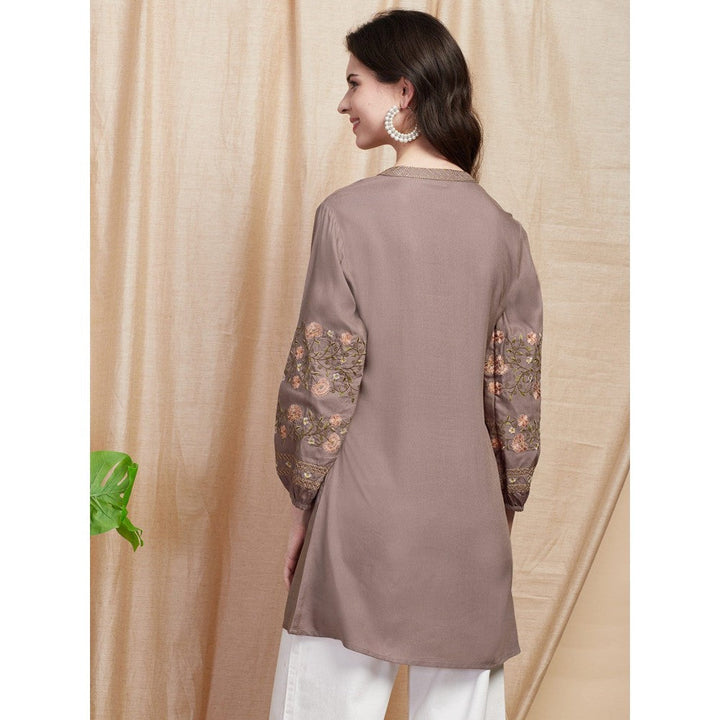 FASHOR Solid Resham Embroidered A-line Kurti - Taupe