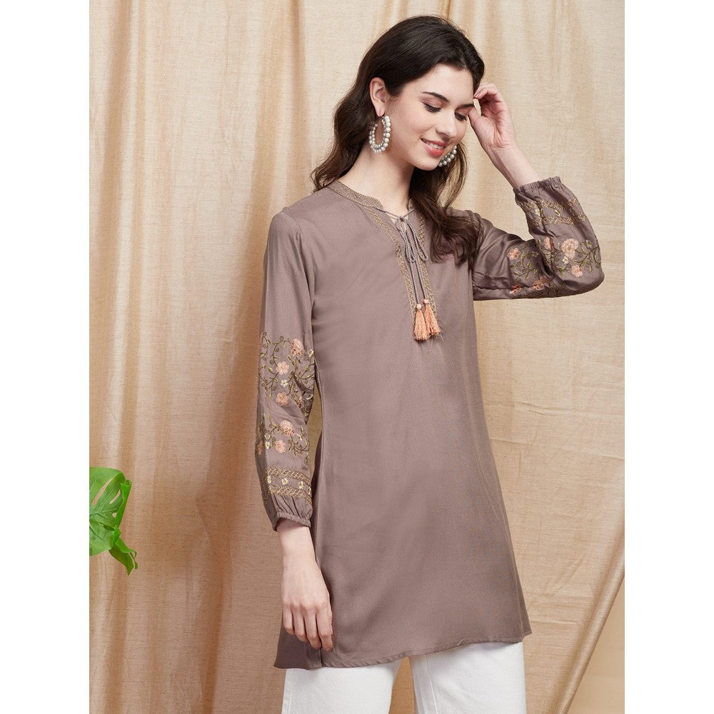 FASHOR Solid Resham Embroidered A-line Kurti - Taupe