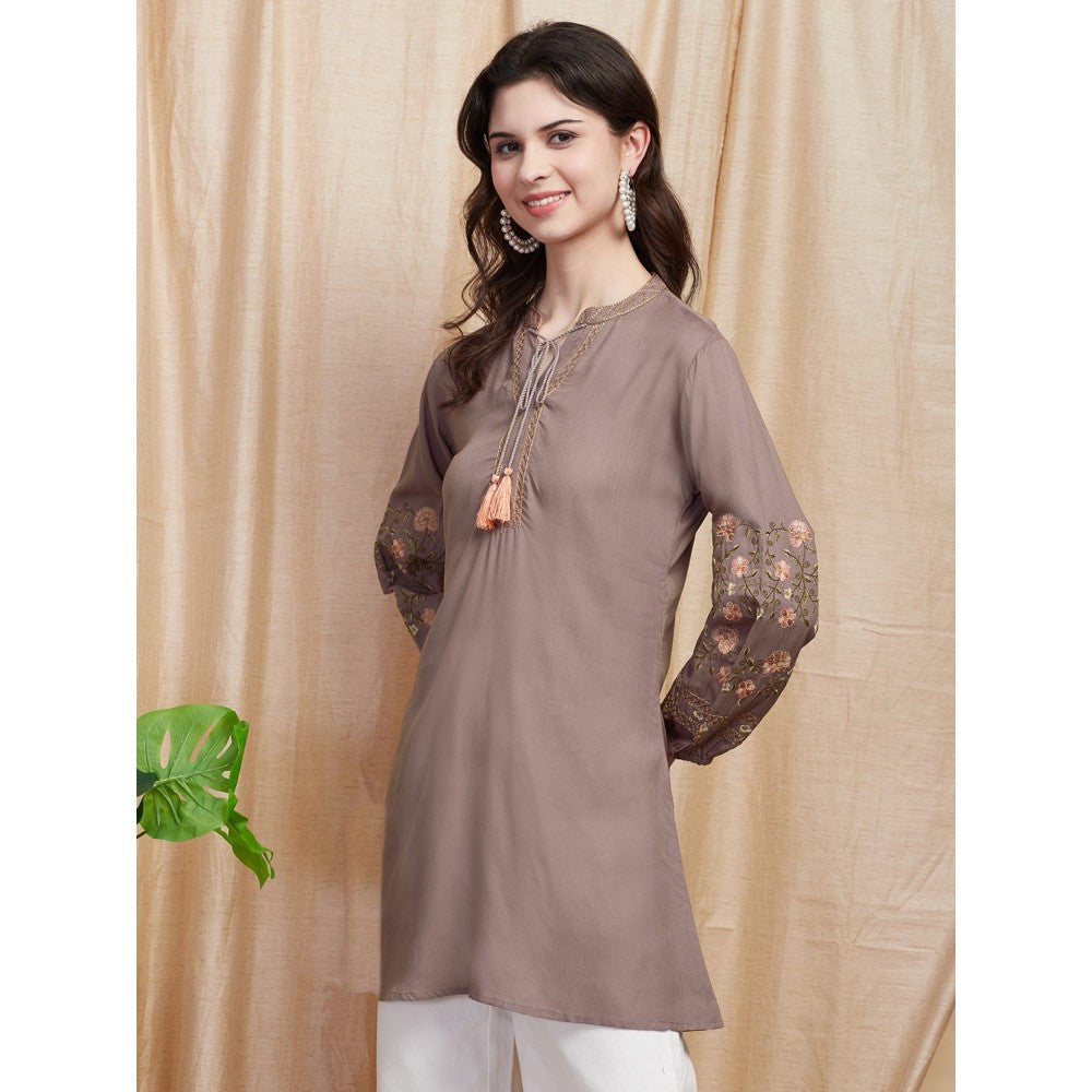 FASHOR Solid Resham Embroidered A-line Kurti - Taupe