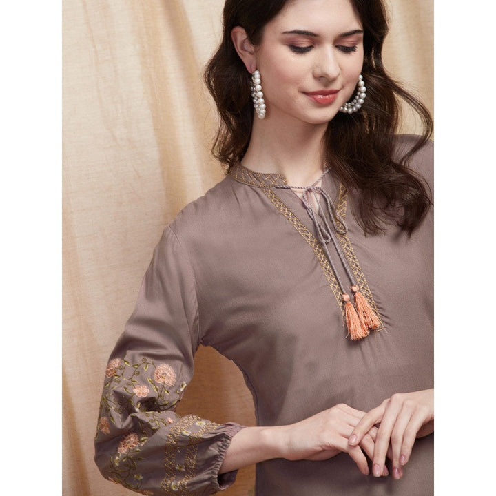 FASHOR Solid Resham Embroidered A-line Kurti - Taupe