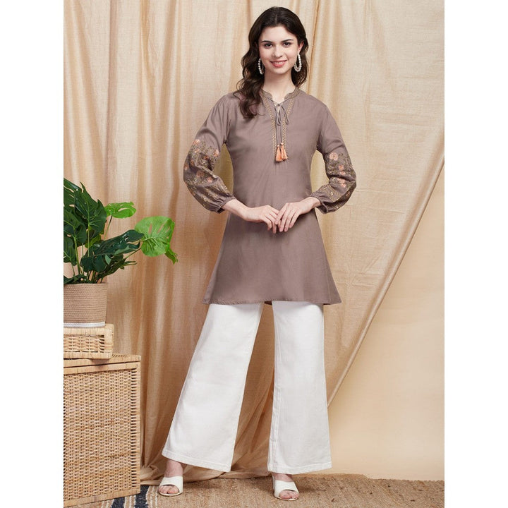 FASHOR Solid Resham Embroidered A-line Kurti - Taupe