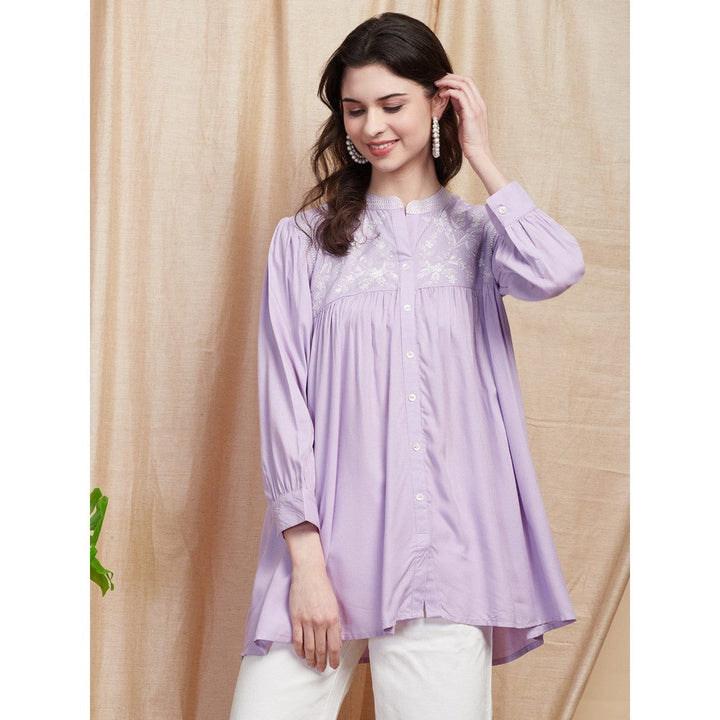 FASHOR Solid Resham Embroidered Pleated Short Kurti - Lavender