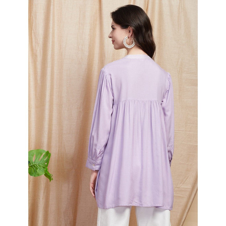 FASHOR Solid Resham Embroidered Pleated Short Kurti - Lavender