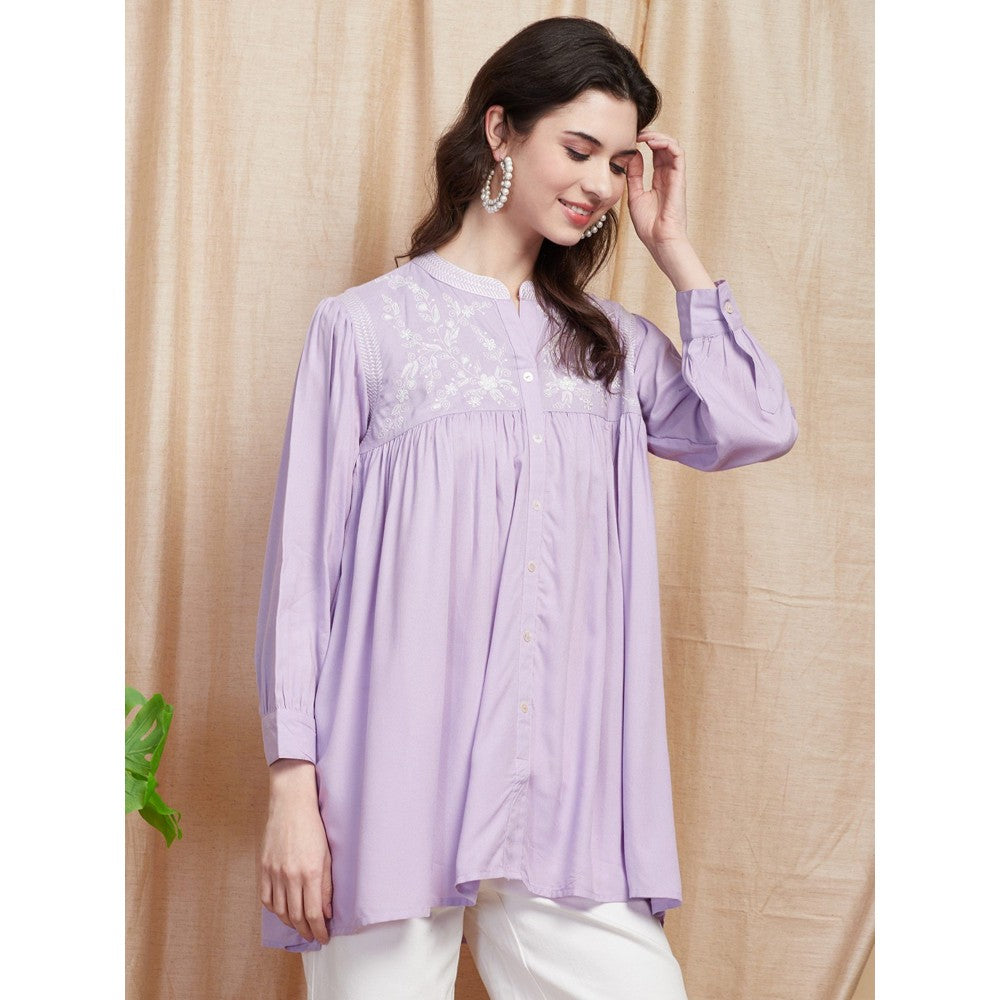 FASHOR Solid Resham Embroidered Pleated Short Kurti - Lavender