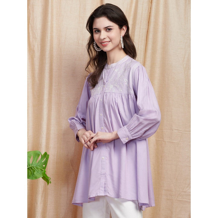 FASHOR Solid Resham Embroidered Pleated Short Kurti - Lavender