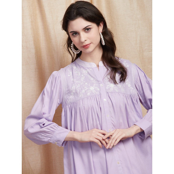 FASHOR Solid Resham Embroidered Pleated Short Kurti - Lavender