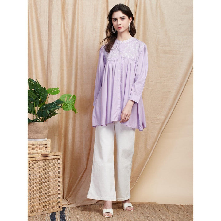 FASHOR Solid Resham Embroidered Pleated Short Kurti - Lavender