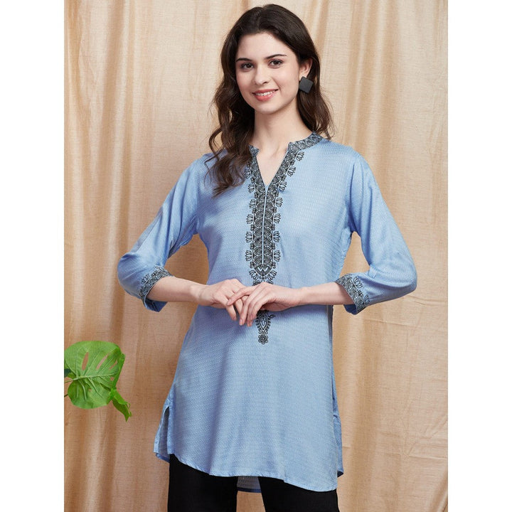 FASHOR Solid Dobby Design Resham Embroidered Kurti - Blue