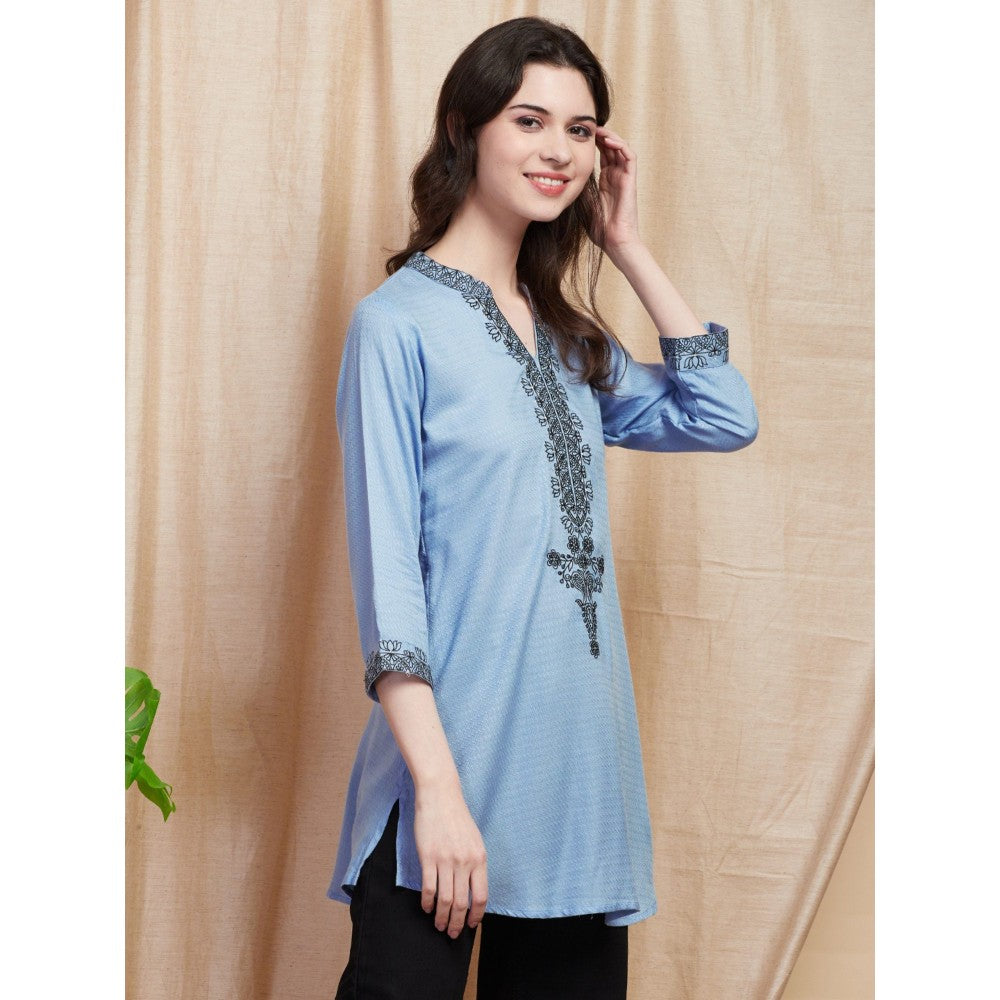 FASHOR Solid Dobby Design Resham Embroidered Kurti - Blue