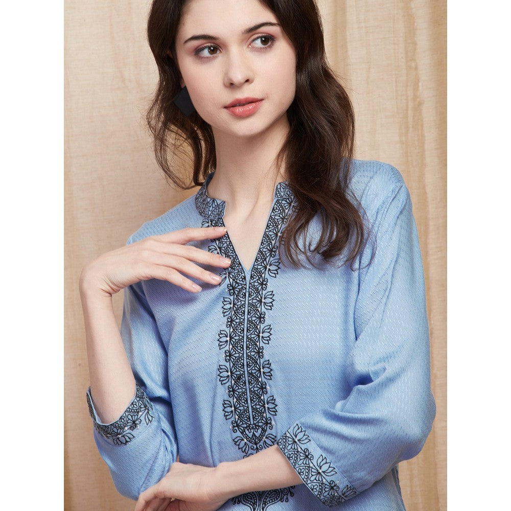 FASHOR Solid Dobby Design Resham Embroidered Kurti - Blue