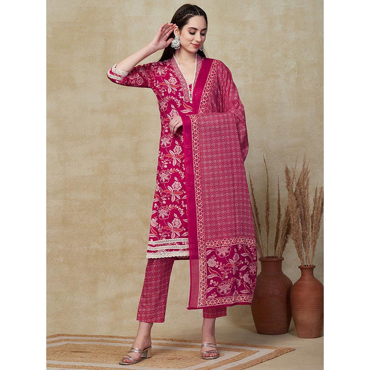 FASHOR Floral Printed Kurta with Pant & Dupatta - Pink (Set of 3)