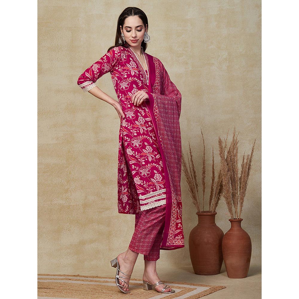 FASHOR Floral Printed Kurta with Pant & Dupatta - Pink (Set of 3)