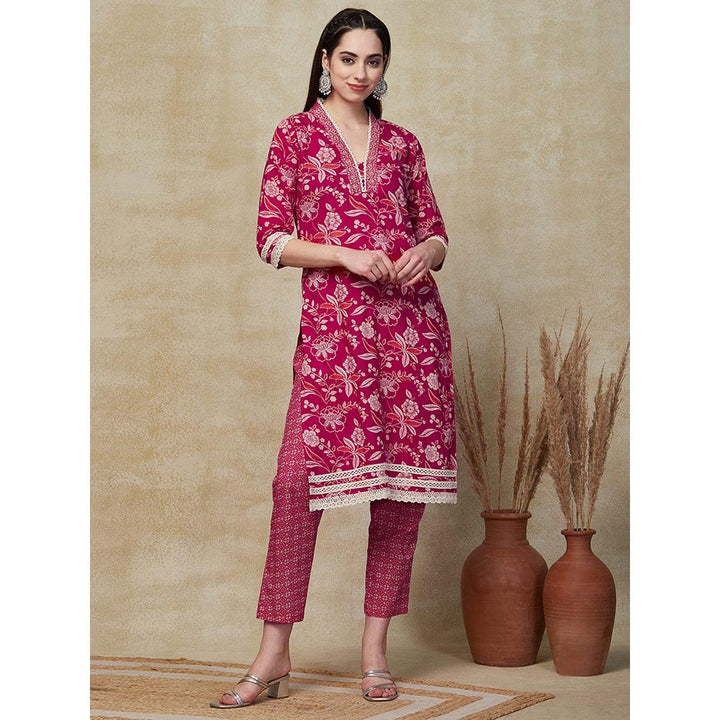 FASHOR Floral Printed Kurta with Pant & Dupatta - Pink (Set of 3)