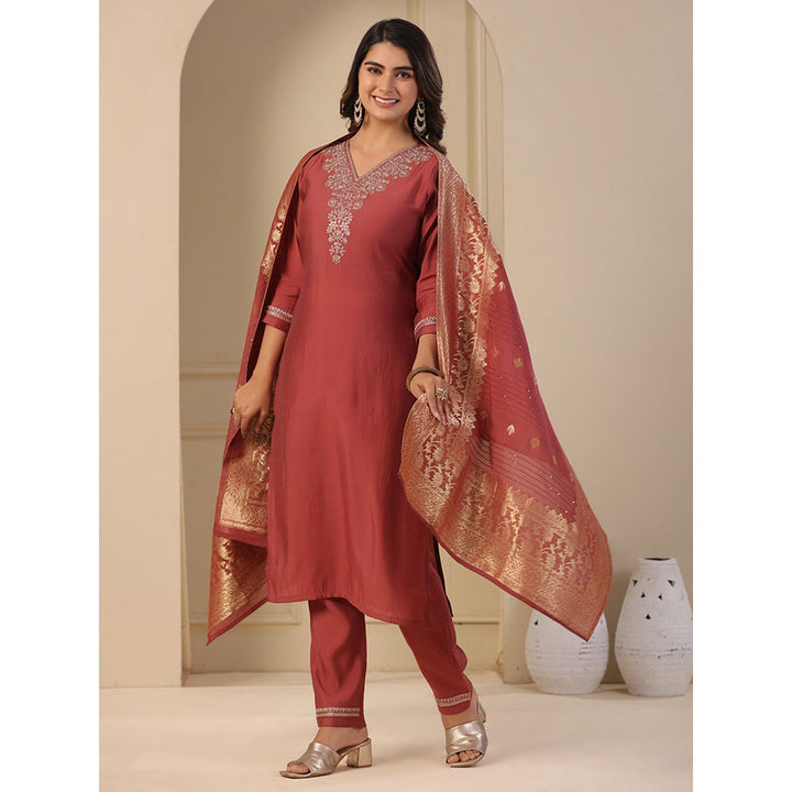 FASHOR Solid Embroidered Kurta with Pants & Dupatta - Rust (Set of 3)