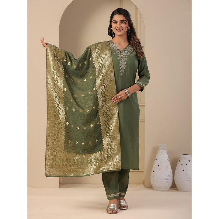 FASHOR Solid Embroidered Kurta with Pants & Dupatta - Green (Set of 3)