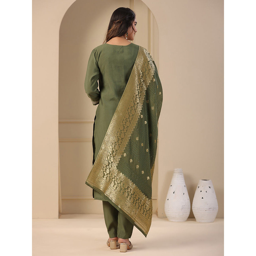 FASHOR Solid Embroidered Kurta with Pants & Dupatta - Green (Set of 3)