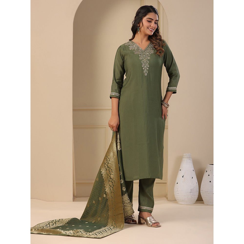 FASHOR Solid Embroidered Kurta with Pants & Dupatta - Green (Set of 3)