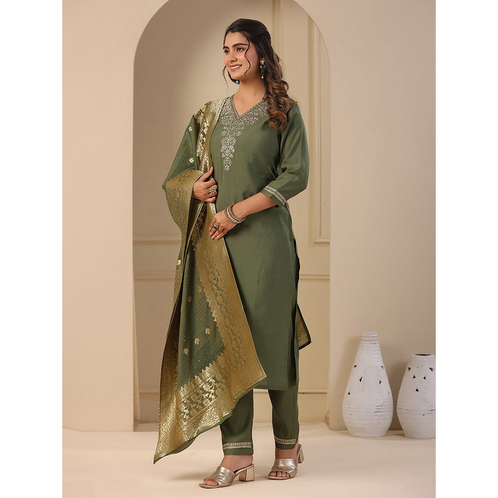 FASHOR Solid Embroidered Kurta with Pants & Dupatta - Green (Set of 3)