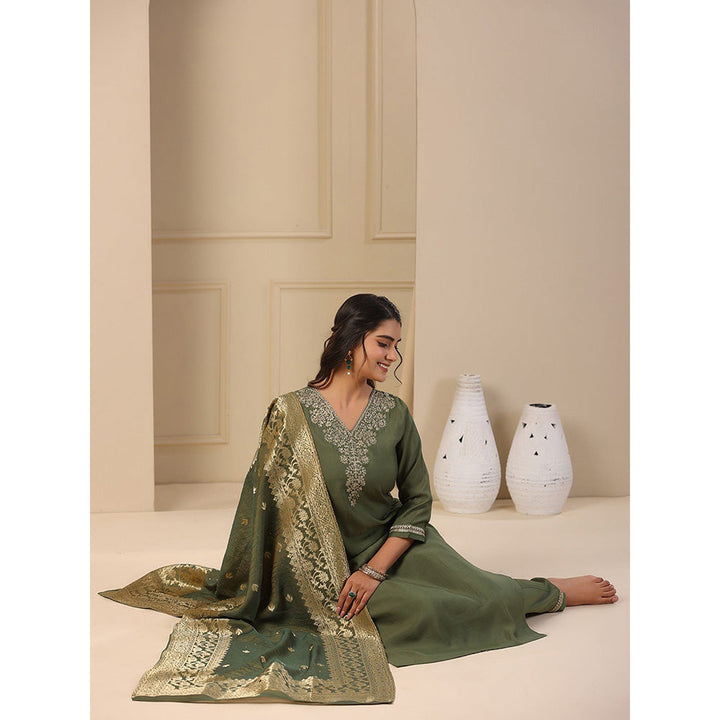 FASHOR Solid Embroidered Kurta with Pants & Dupatta - Green (Set of 3)