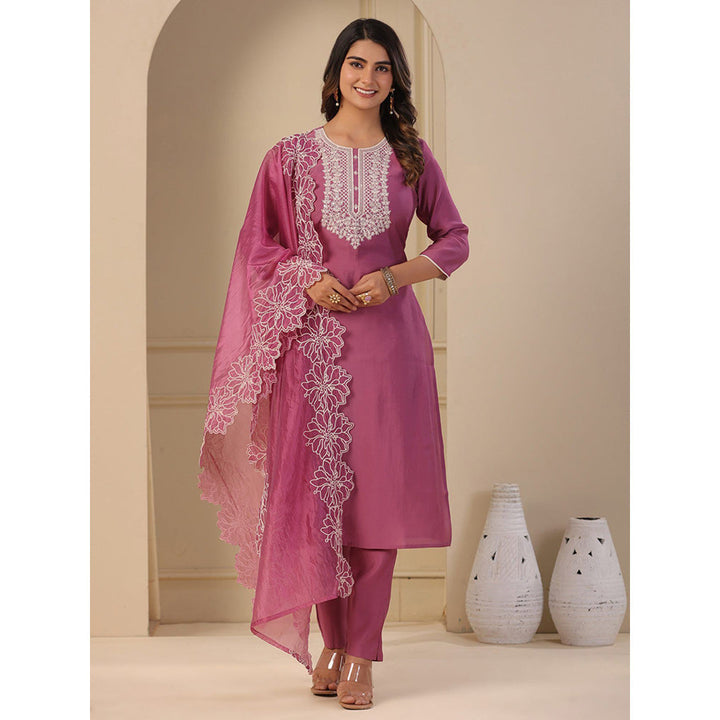 FASHOR Solid Embroidered Kurta with Pants & Dupatta - Onion Pink (Set of 3)