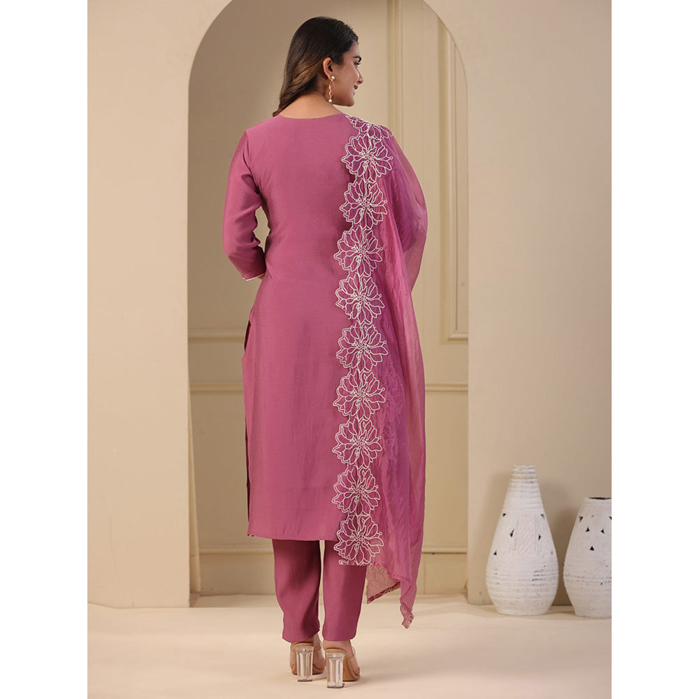 FASHOR Solid Embroidered Kurta with Pants & Dupatta - Onion Pink (Set of 3)